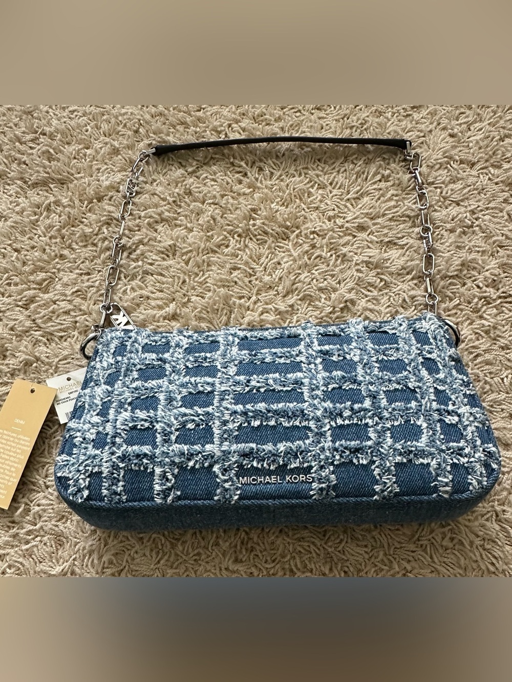 NWT MICHAEL KORS EMPIRE MEDIUM FRAYED DENIM CHAIN LINK POCHETTE
